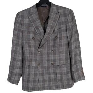 Brooks Brothers Gray Plaid Double-Breasted Wool Blazer with Brown & Blue Accents